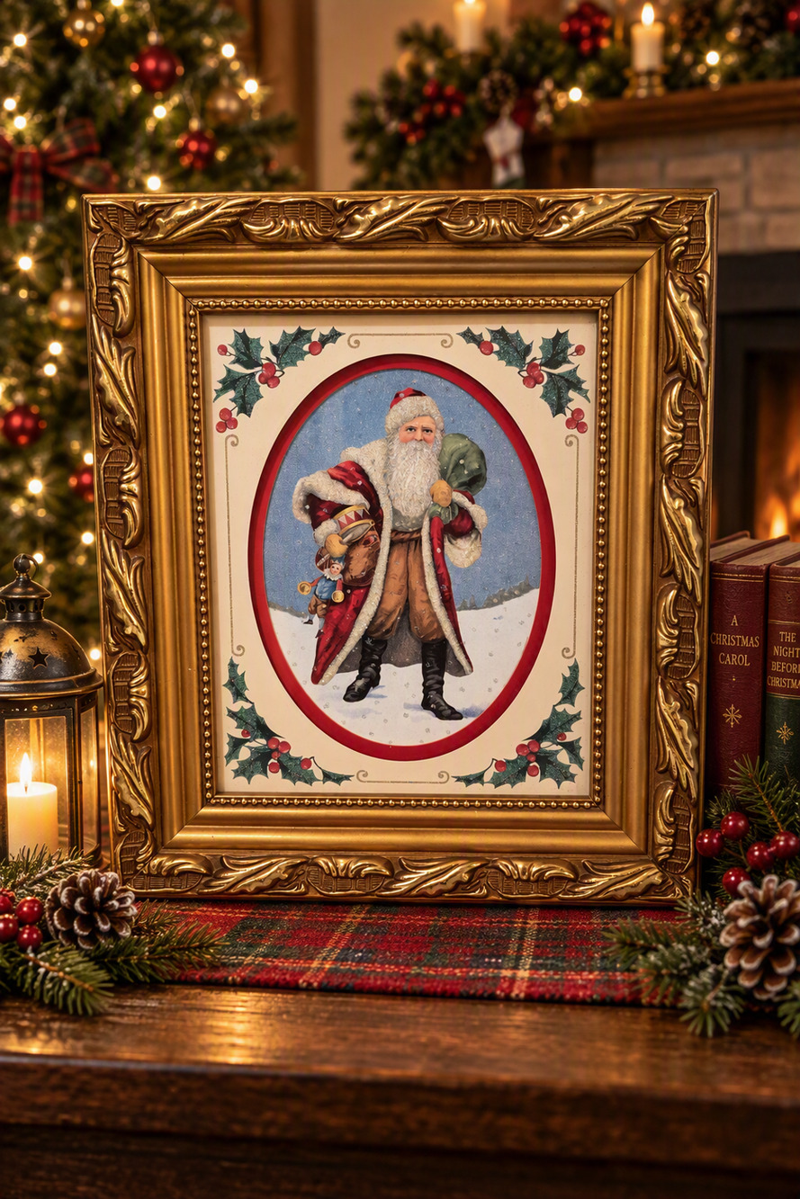 Merck Old World Christmas Framed Shadow Box Print 2004 "Here Comes Santa Claus"